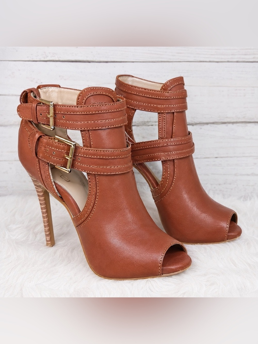 YDN Peep Toe Double Buckle Strappy Stiletto Heels Brown Size 6